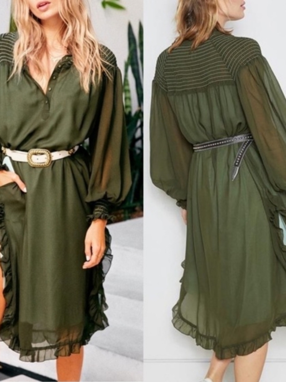 We Are Hah Olive Green Chiffon Midi Dress with Bishop Sleeves M